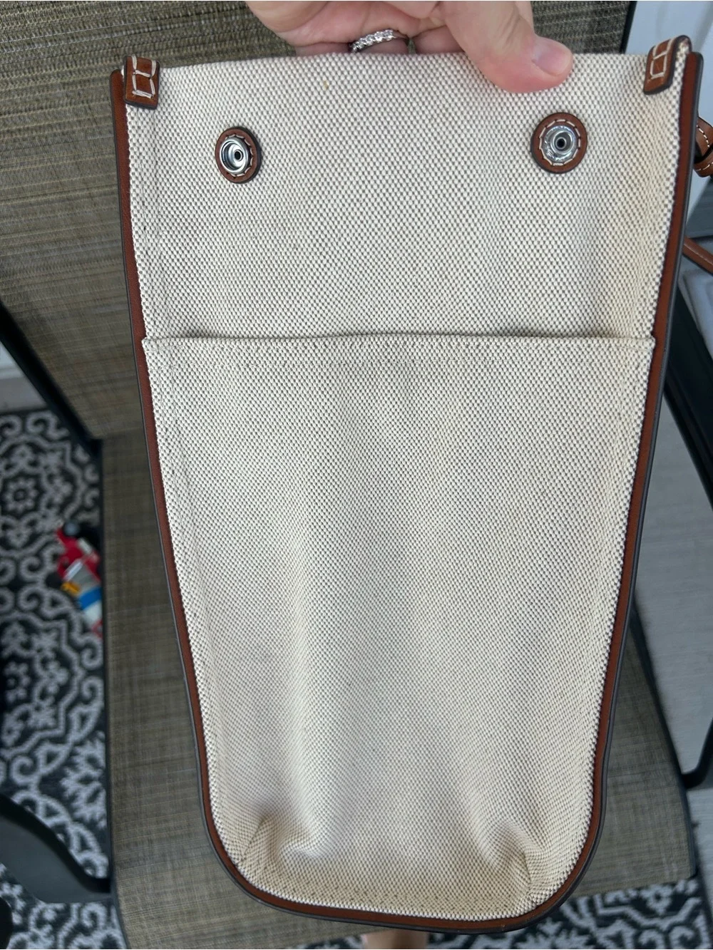 TORY BURCH Ella Canvas tote large Brown Leather Natural Classic Cuoio Bag Auth